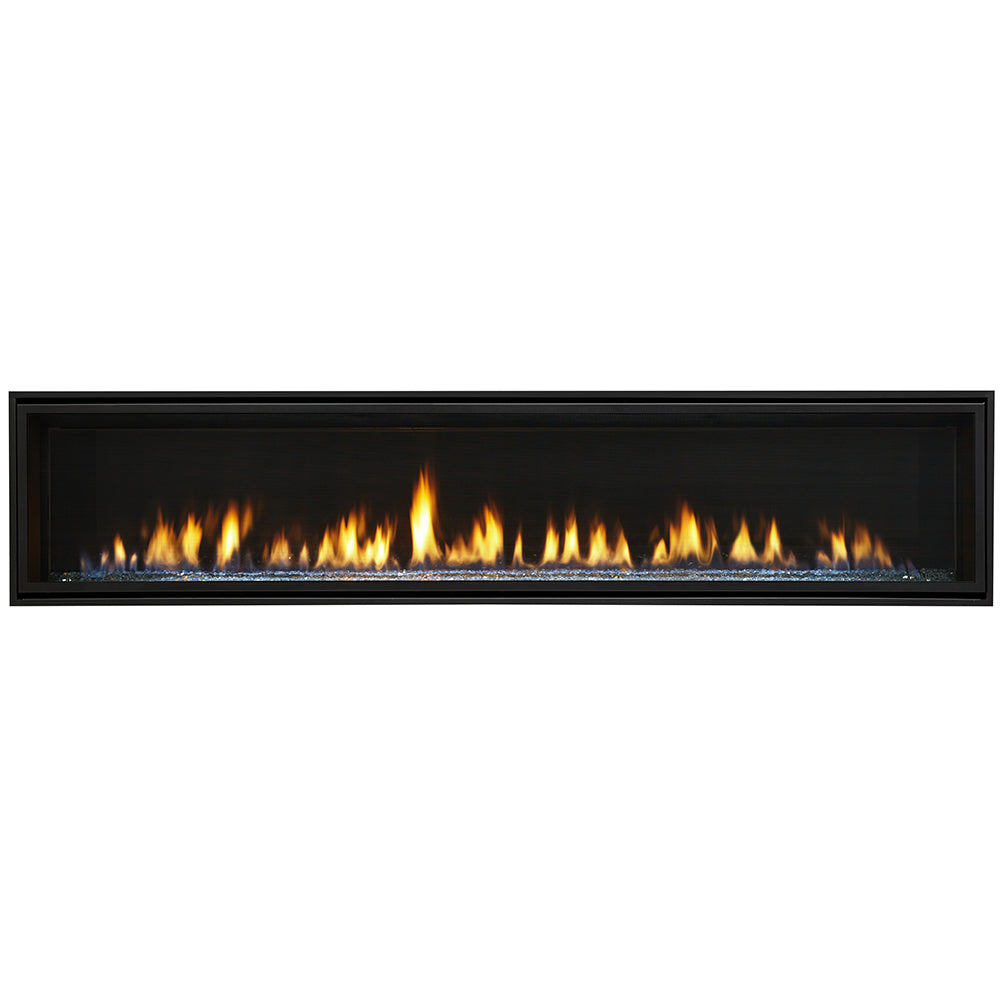 Linear direct-vent gas fireplace with black trim and glowing flames
