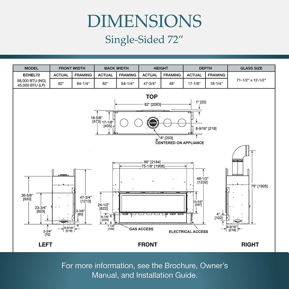 Gas fireplace dimensions diagram for single-sided 72-inch model