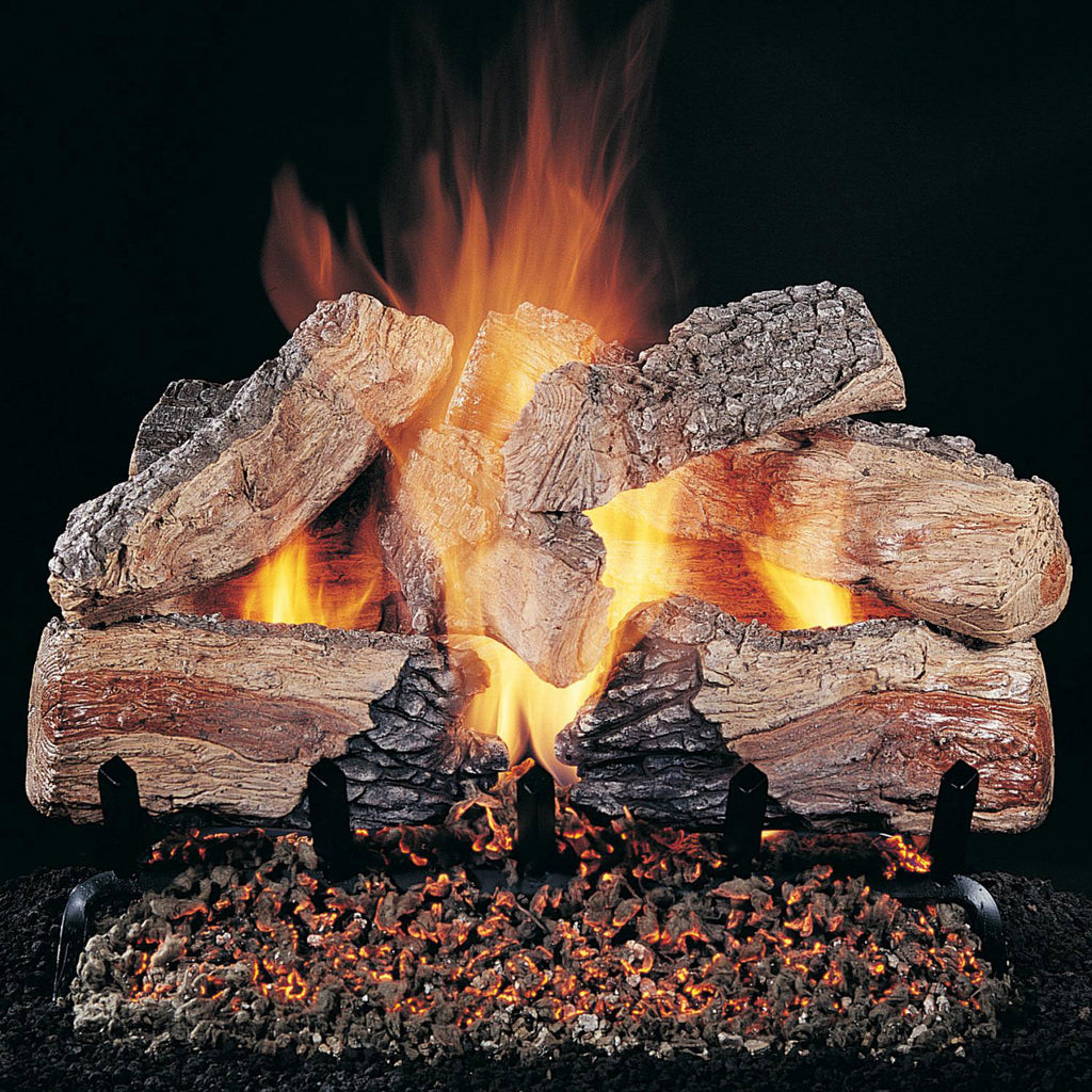 Gas fireplace logs with glowing embers and visible yellow-orange flames