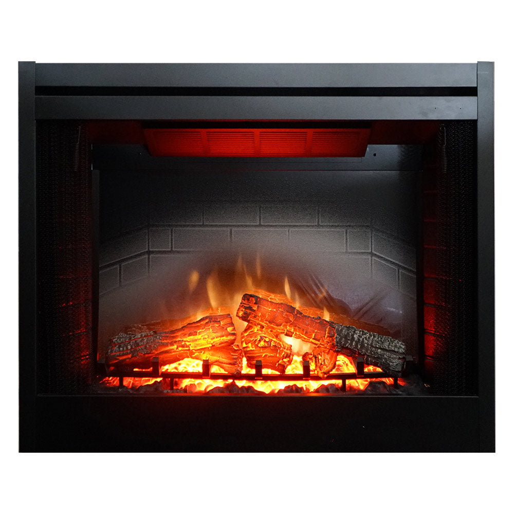 Electric fireplace with inner glow log set and brick-style liner, front view