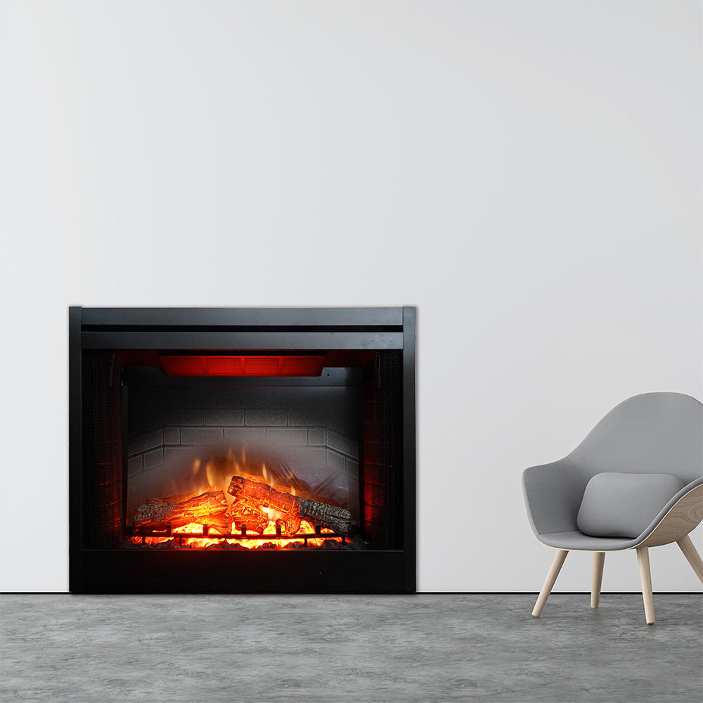 Traditional electric fireplace with glowing log set inside black firebox surround