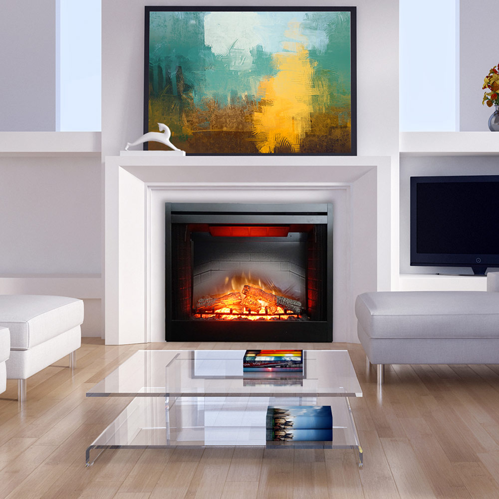 Built-in electric fireplace featuring inner glow log set and brick-style back panel