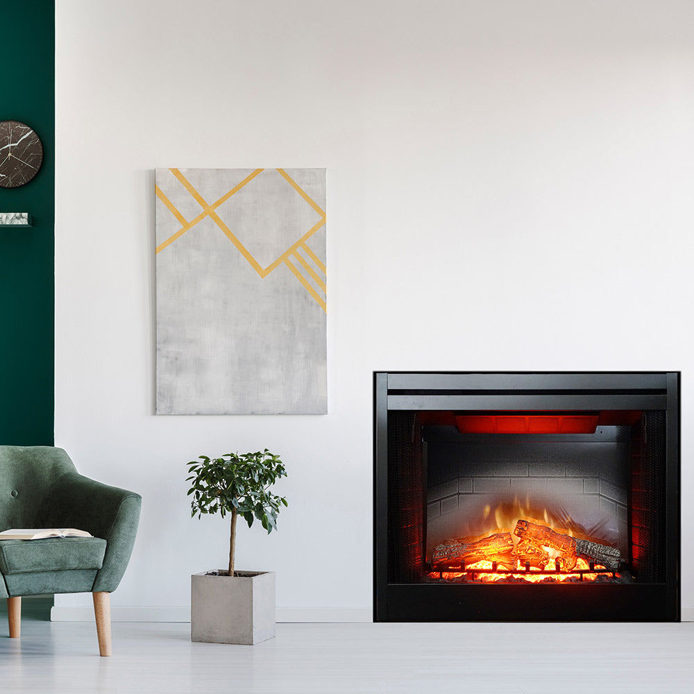 Electric fireplace with glowing logs and dark frame, shown with brick-style interior