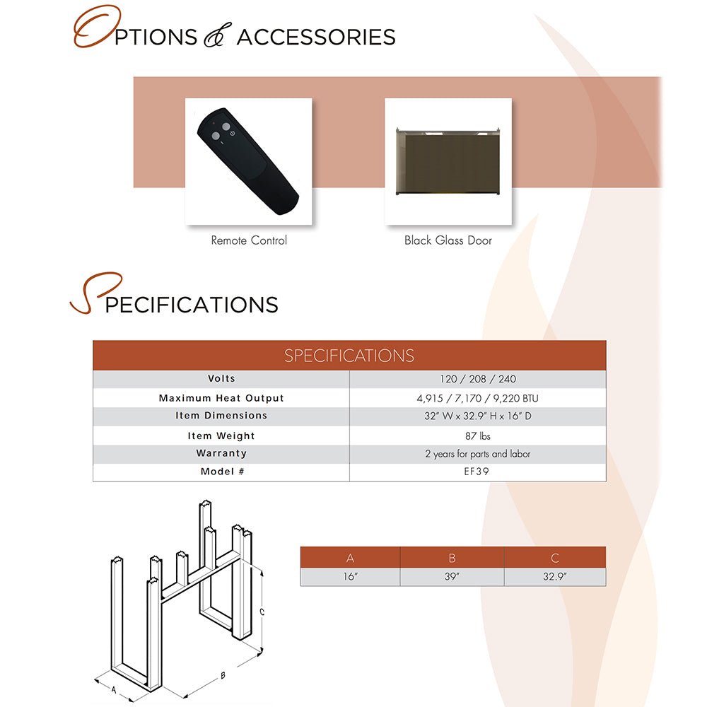 Electric fireplace accessories and specifications panel: remote control and black glass door