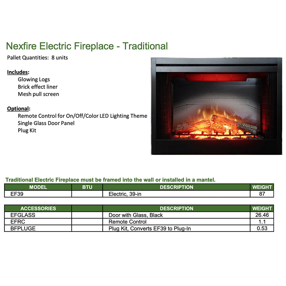 Nexfire electric fireplace spec sheet with included parts, options, and accessory details
