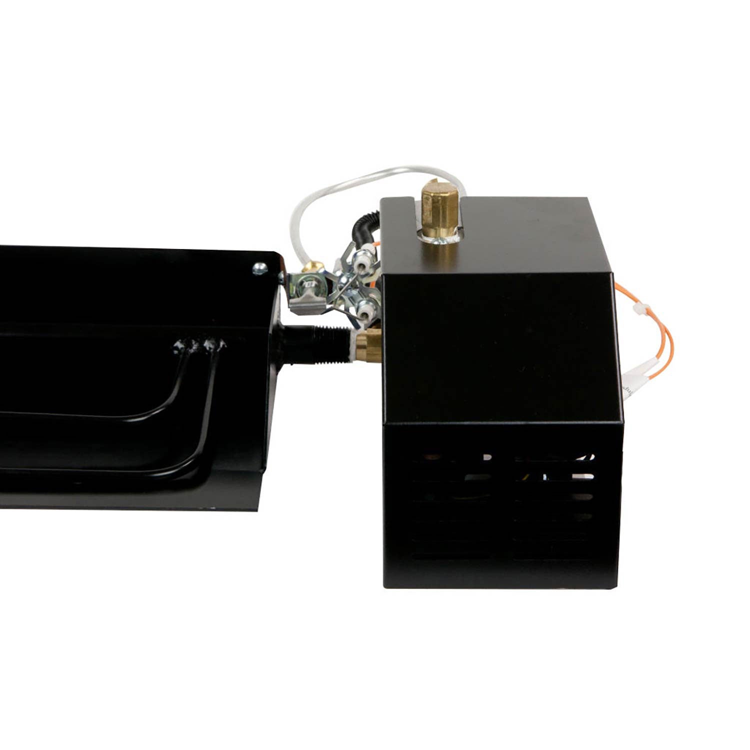 Electronic spark to pilot valve kit with black control box, brass fitting, and wiring
