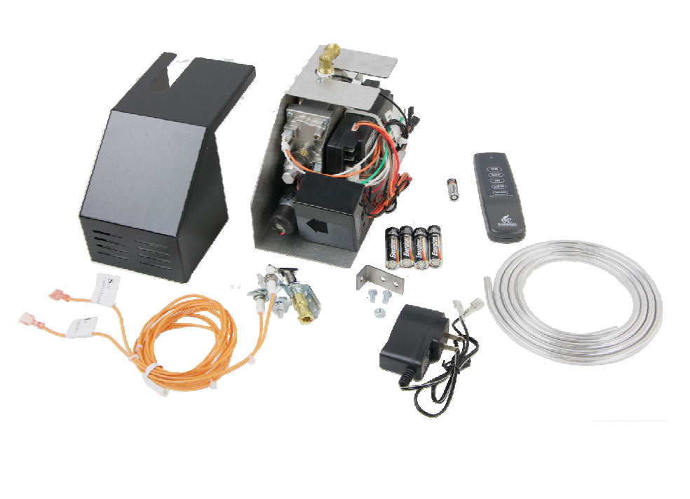 Electronic spark and pilot valve kit with wiring harness, remote, and gas tubing