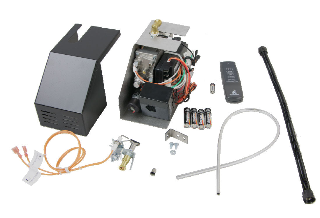 Electronic spark to pilot valve kit with control module, wiring harness, and mounting fittings