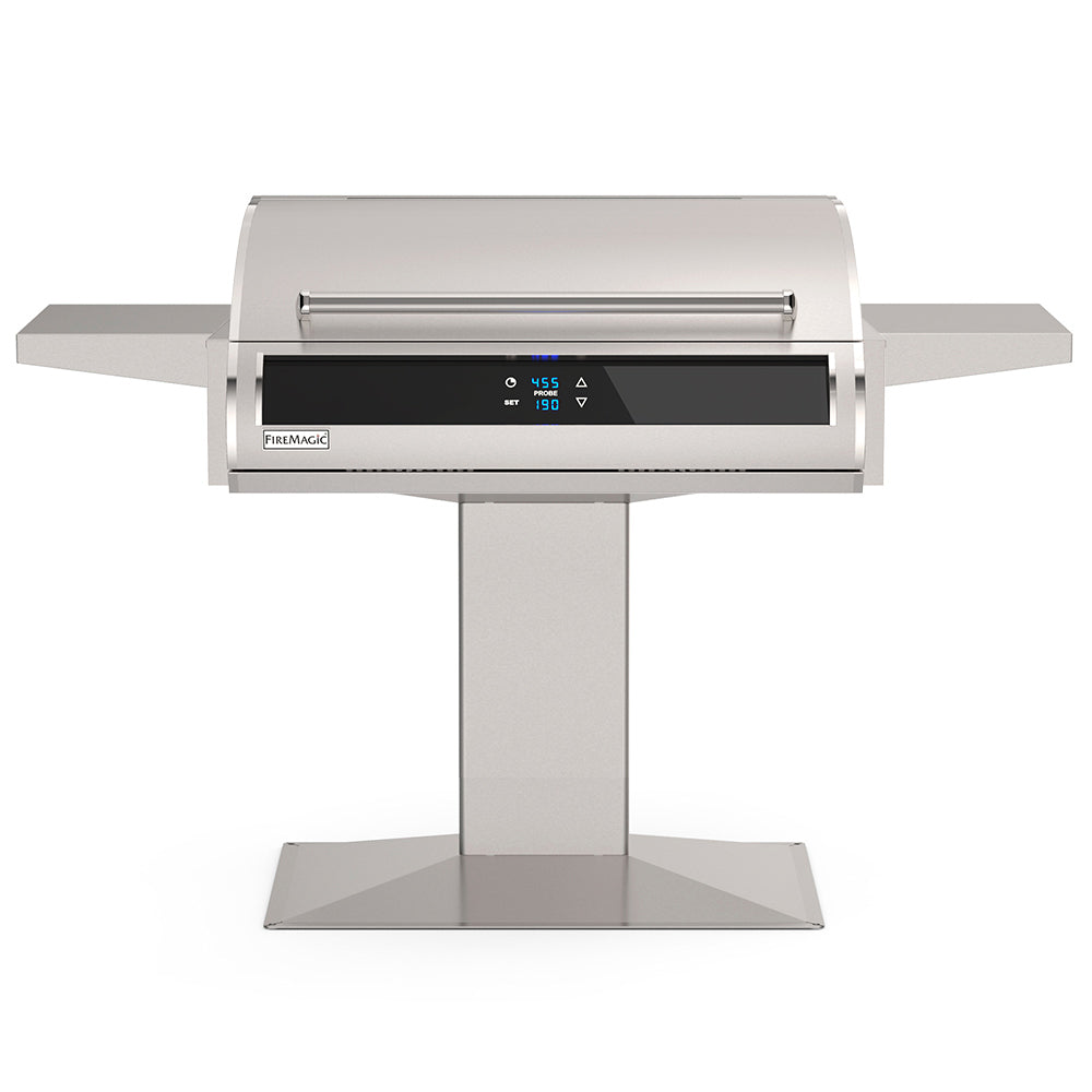 Post-mount electric grill with black digital control strip and stainless steel side shelves