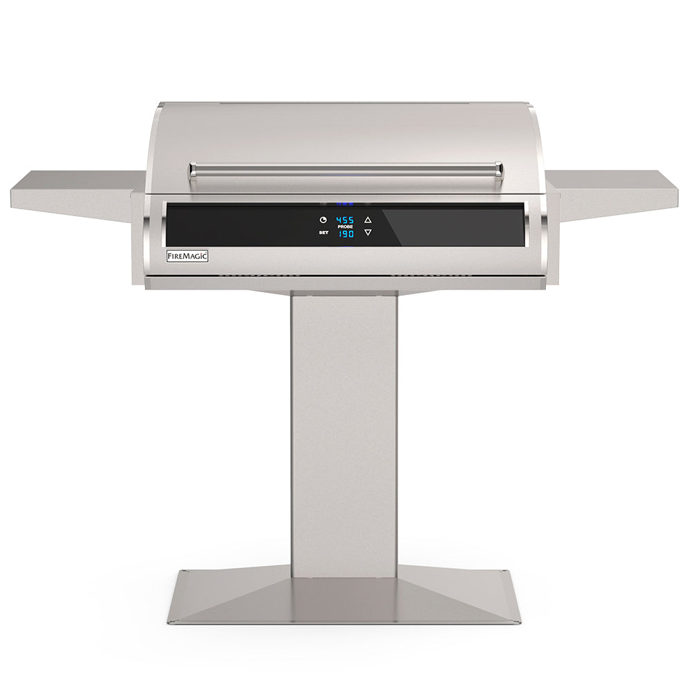 Post-mount electric grill with digital control panel and stainless steel side shelves