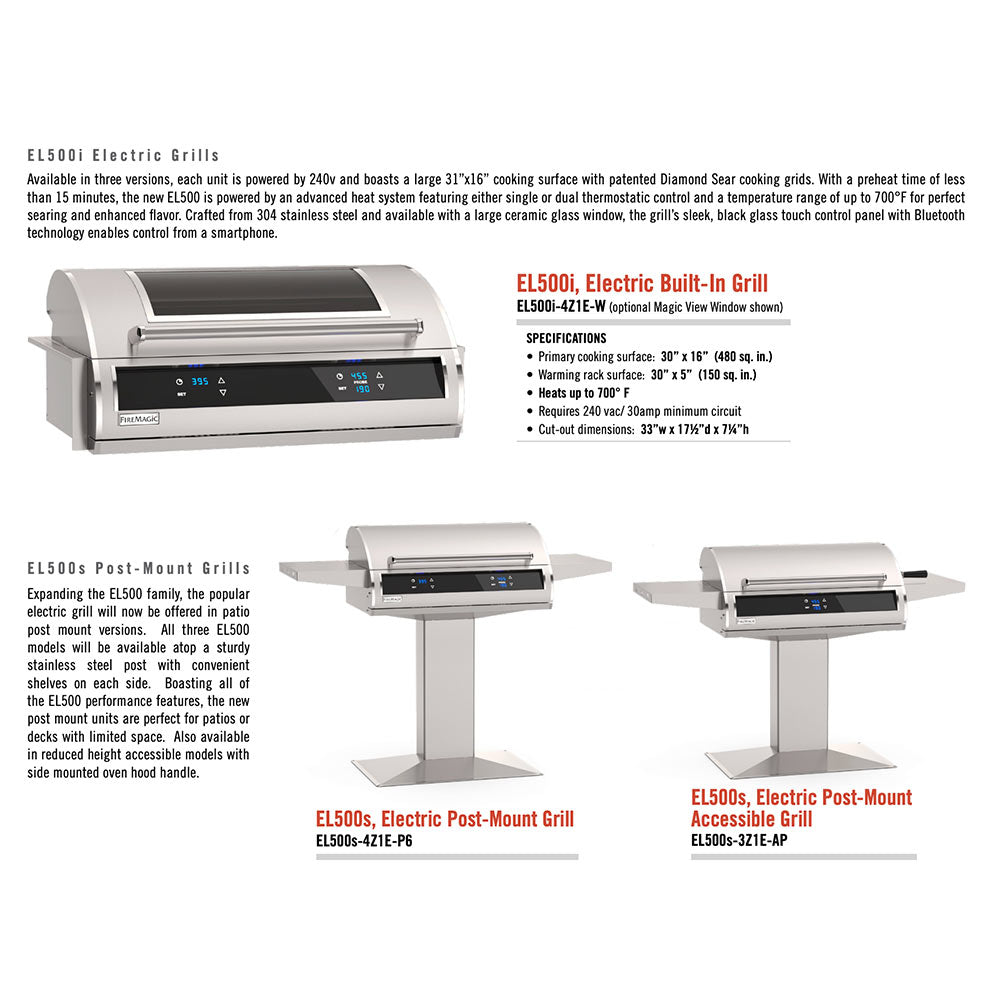 Post-mount electric grill shown in several views with digital control panel