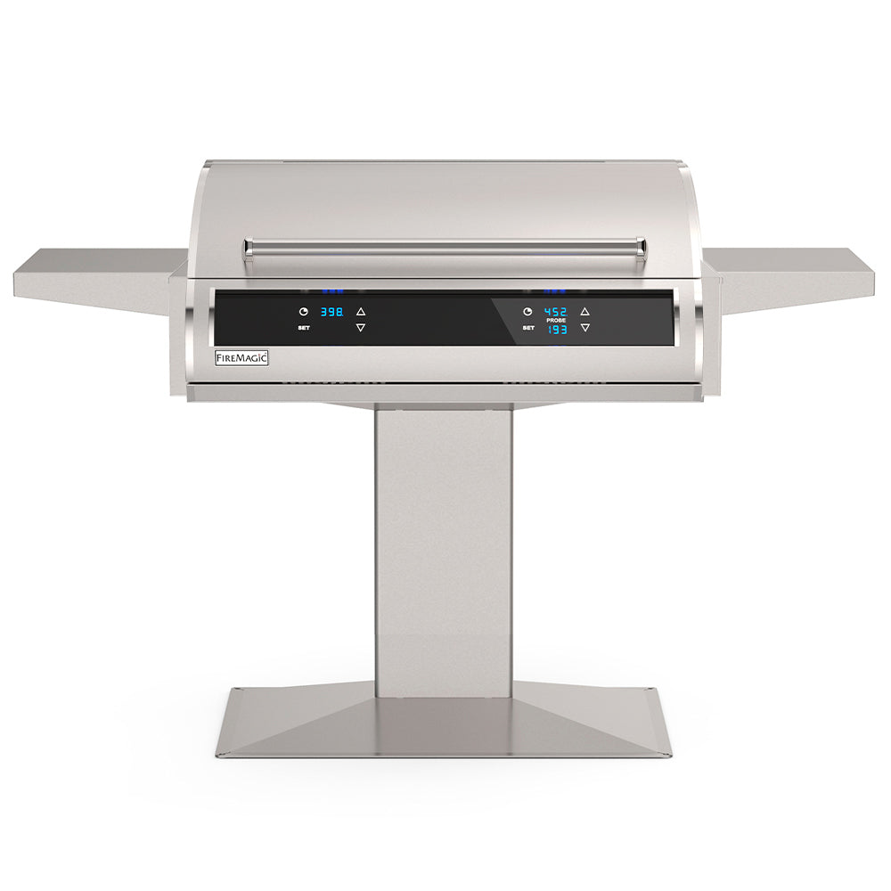 Post-mount electric grill with side shelves and black digital display panel