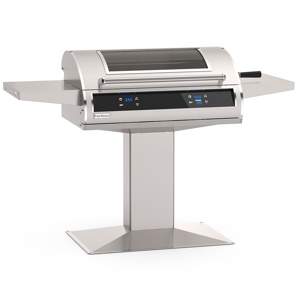 Post-mount electric grill with two controls and black lid viewing window