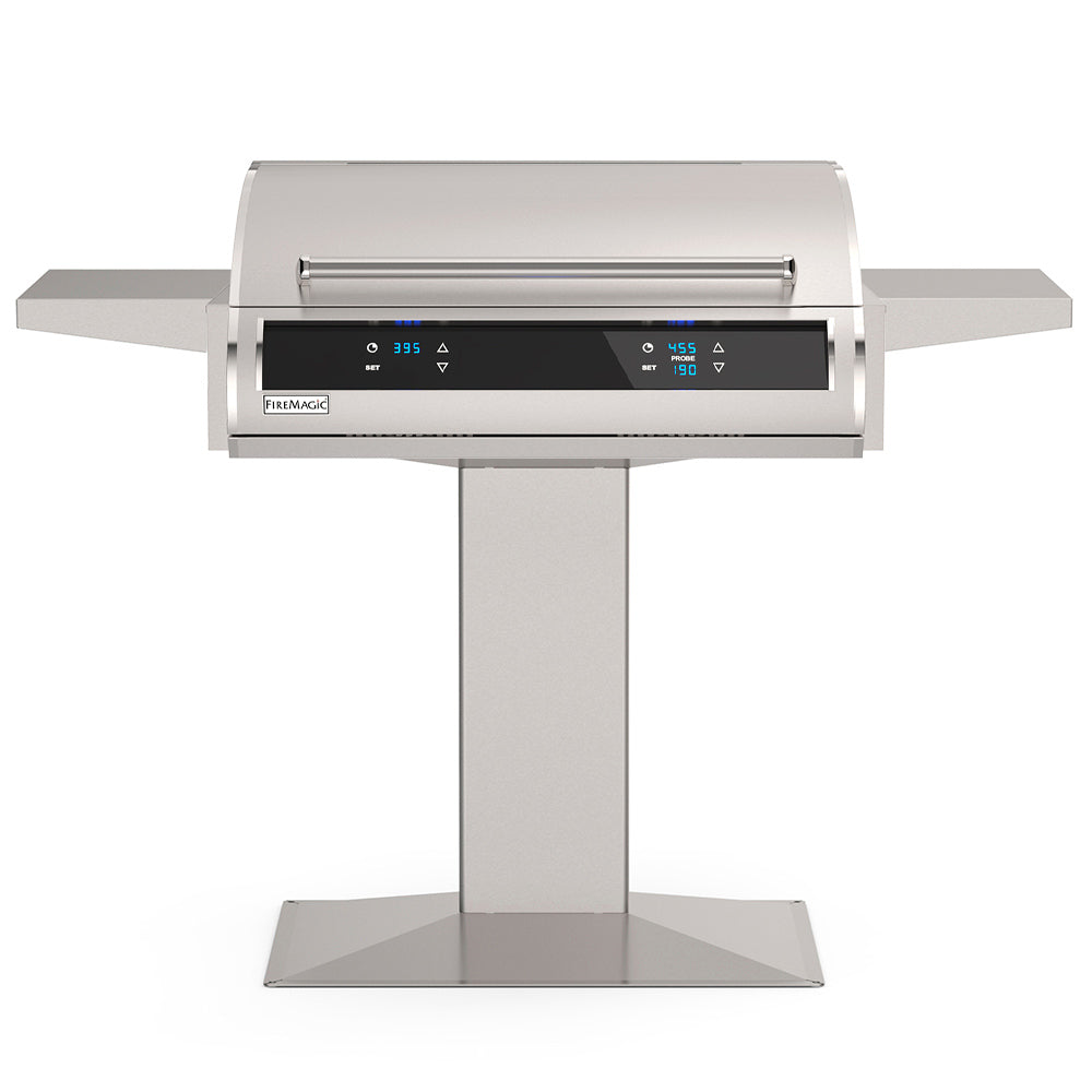 Post-mount electric grill with stainless body, side shelves, and digital control panel