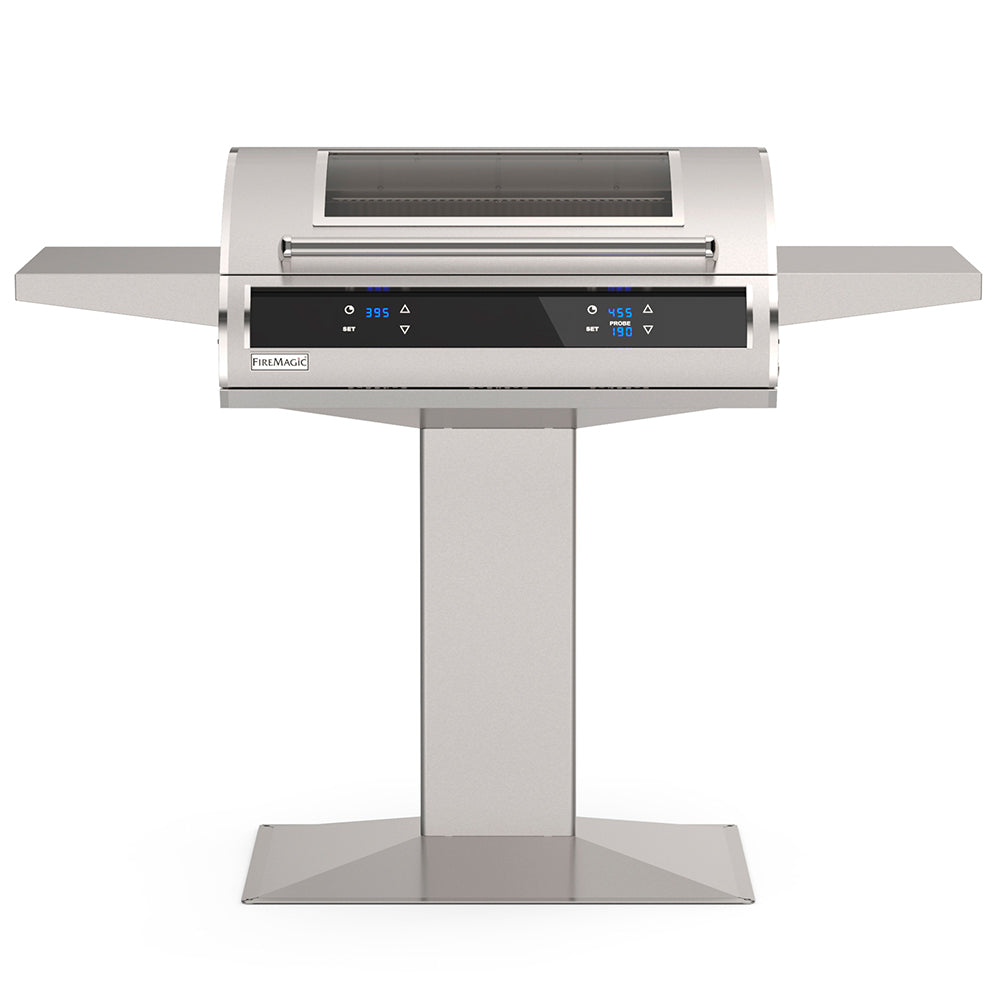 Post-mount electric grill with two control panels and black lid viewing window