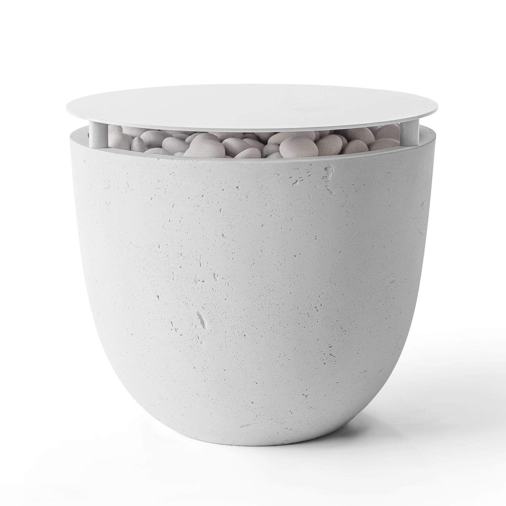 Aluminum tabletop fire bowl lid with speckled light gray finish, rounded rim