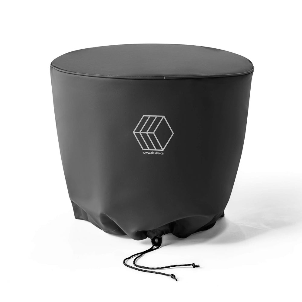 Fire pit vinyl cover in dark gray with drawstring ties and center logo