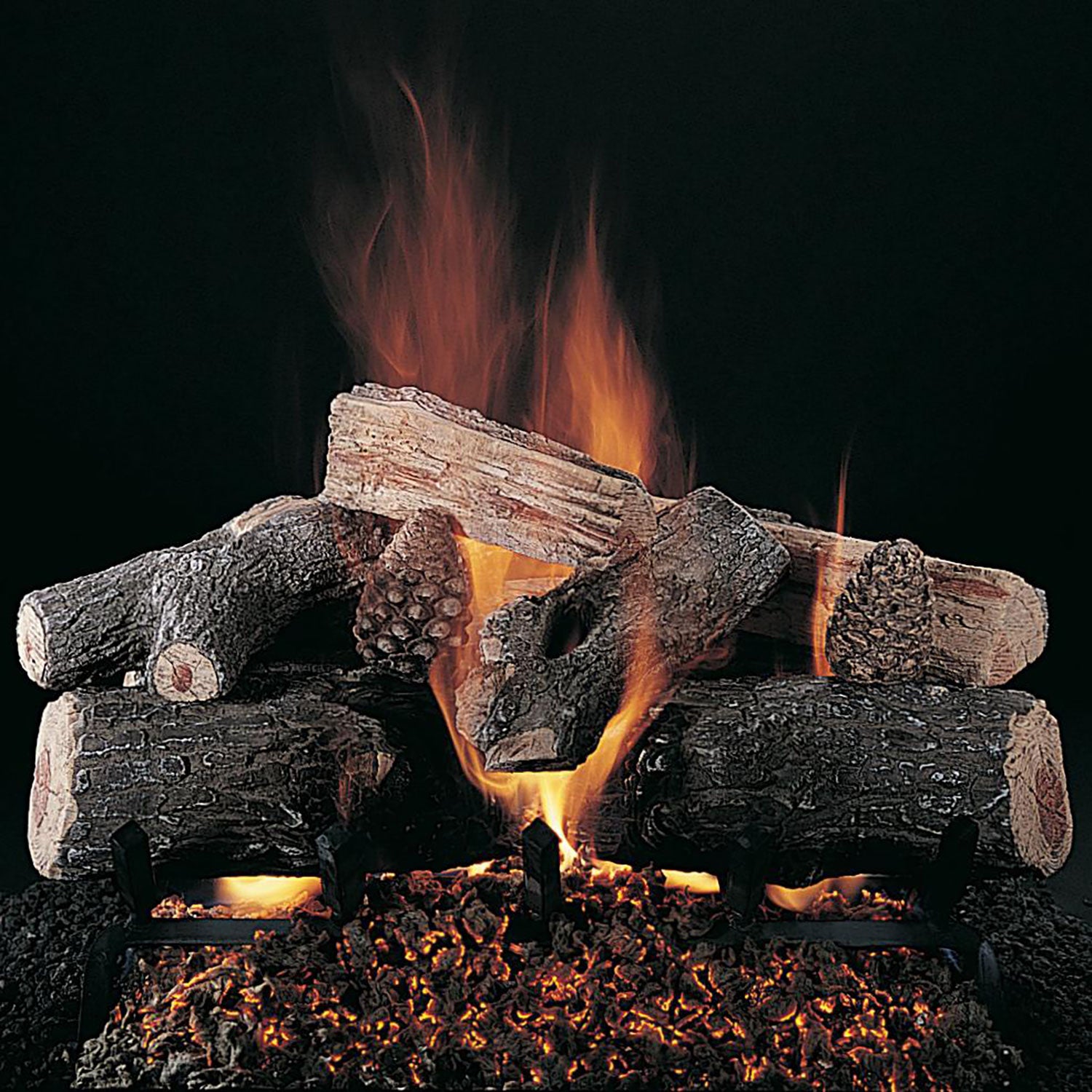 Gas fireplace log set with glowing embers and visible flames