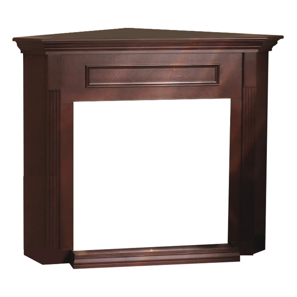 Corner cabinet mantel with base, dark wood finish, open rectangular center.