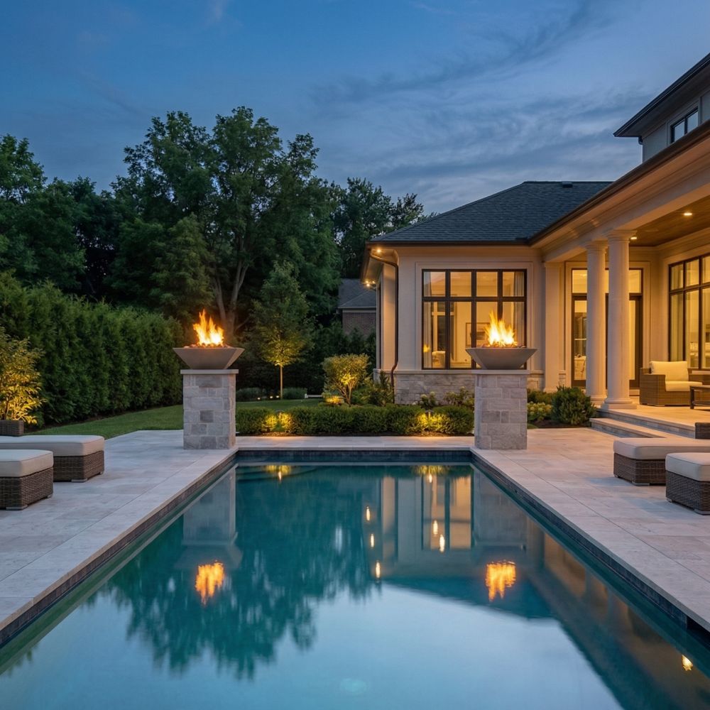 Outdoor black concrete gas fire bowl with flame visible in center