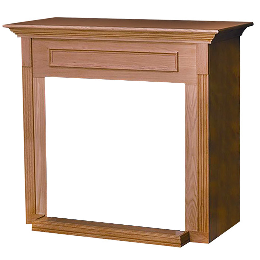 Wooden cabinet mantel with base, brown finish, rectangular frame opening
