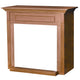 Corner cabinet mantel with base, light wood finish, wide top and framed opening.