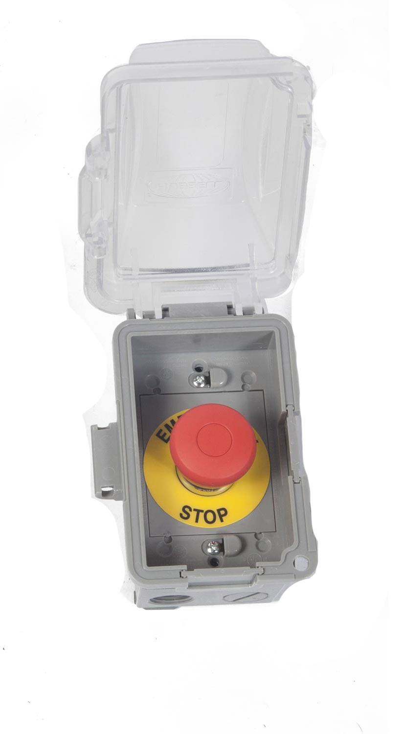 Emergency shutoff switch with red push button and STOP label in gray housing