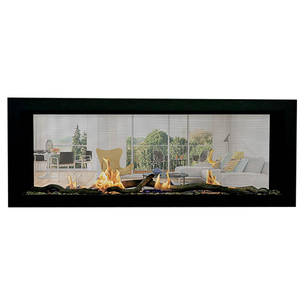Built-in linear gas fireplace with dark frame, glass viewing window, and flames