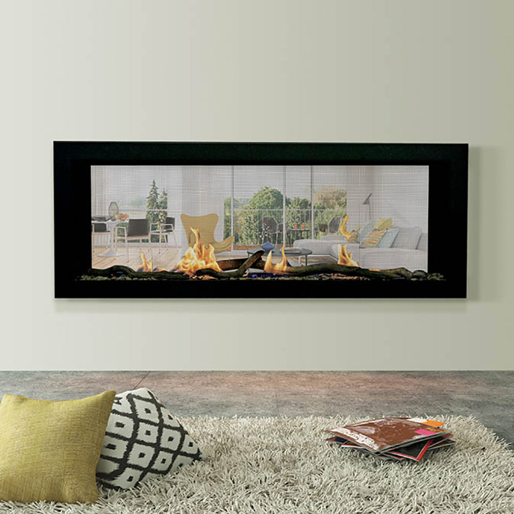 Built-in linear gas fireplace with dark frame and glass front, glowing flames