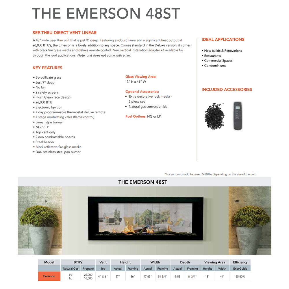 Gas fireplace brochure page listing features, accessories, and specifications