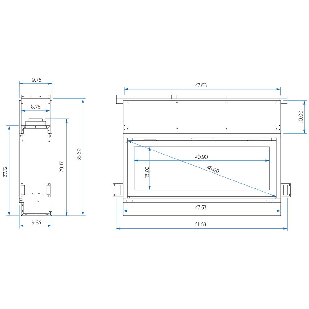 Technical dimension diagram for built-in linear gas fireplace unit