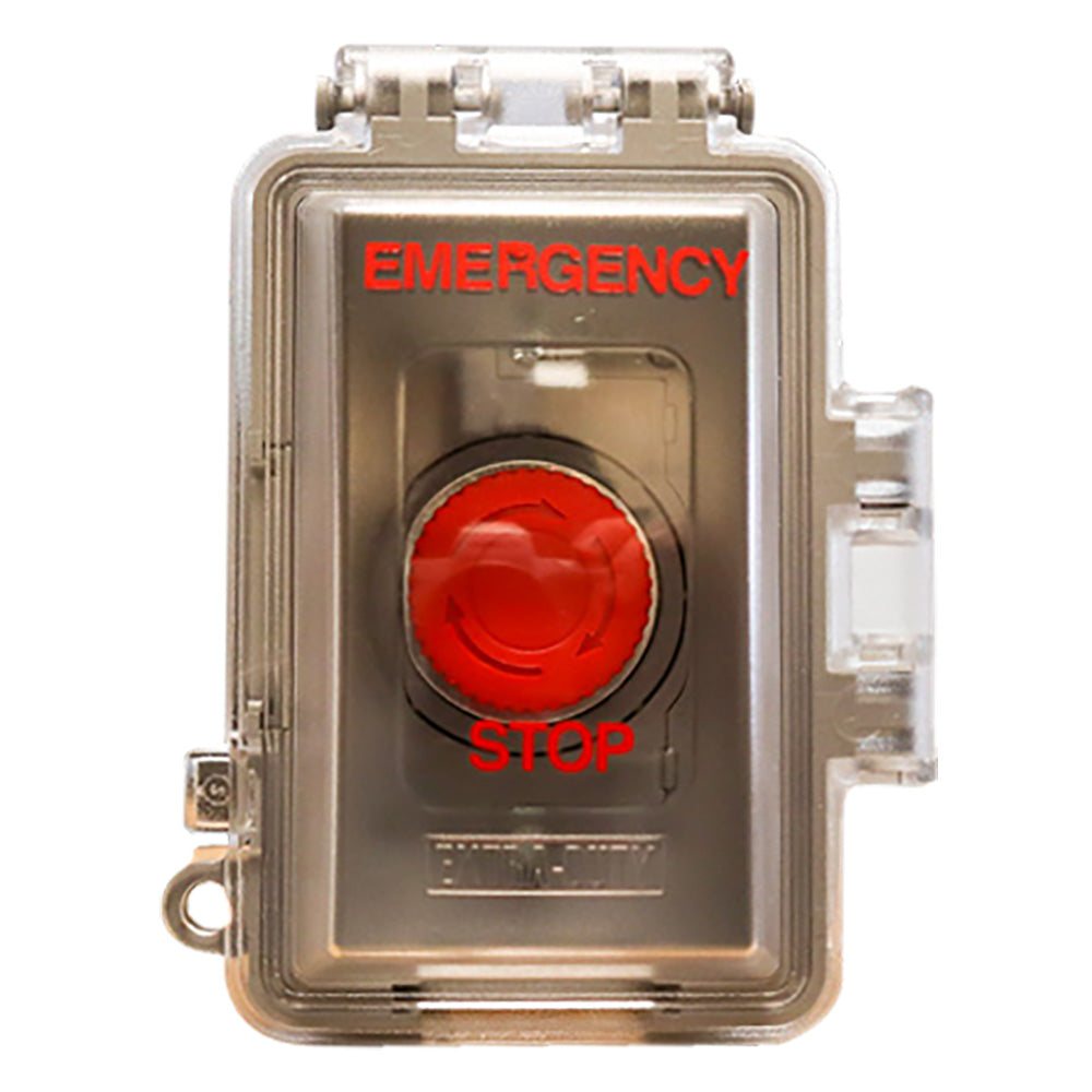 Emergency stop push button with red STOP button and emergency label in clear housing