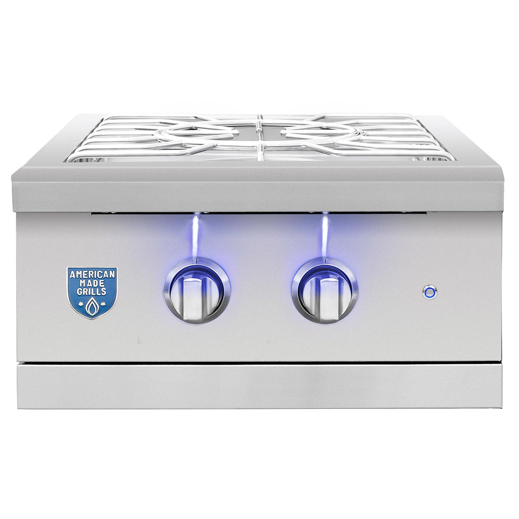 Stainless built-in power burner with two front control knobs and grate top