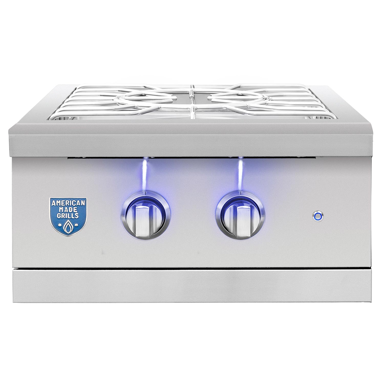 Stainless built-in power burner with two front control knobs and grate top