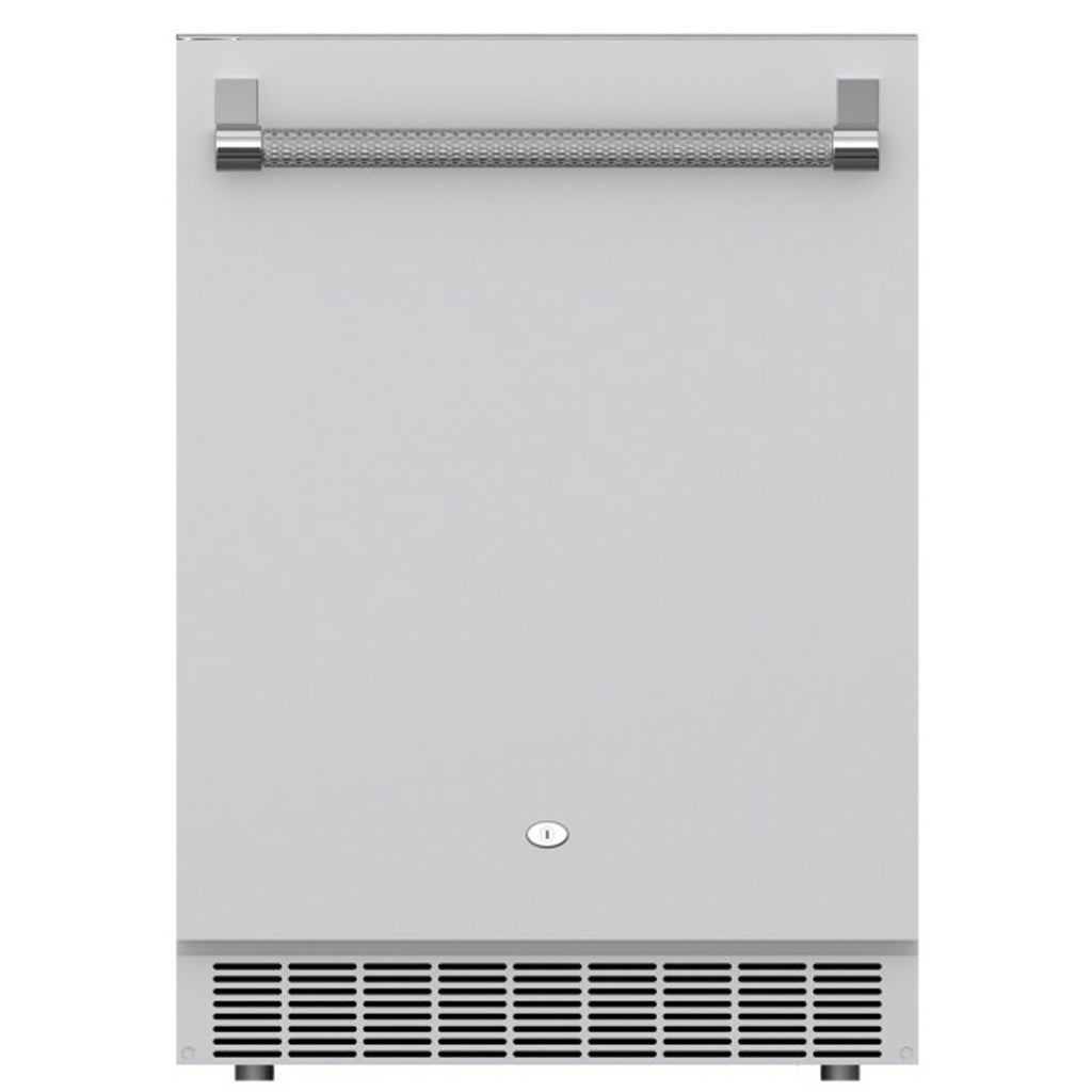 Stainless steel outdoor refrigerator with lock and handle, front view