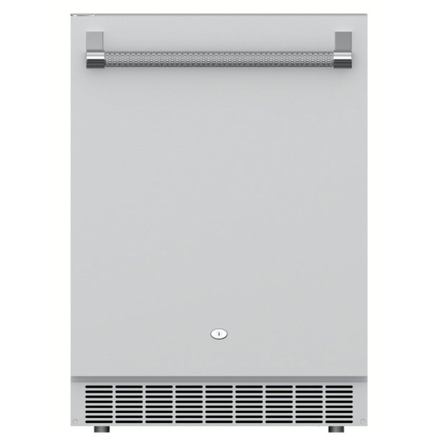 Stainless steel outdoor refrigerator with lock and handle, front view