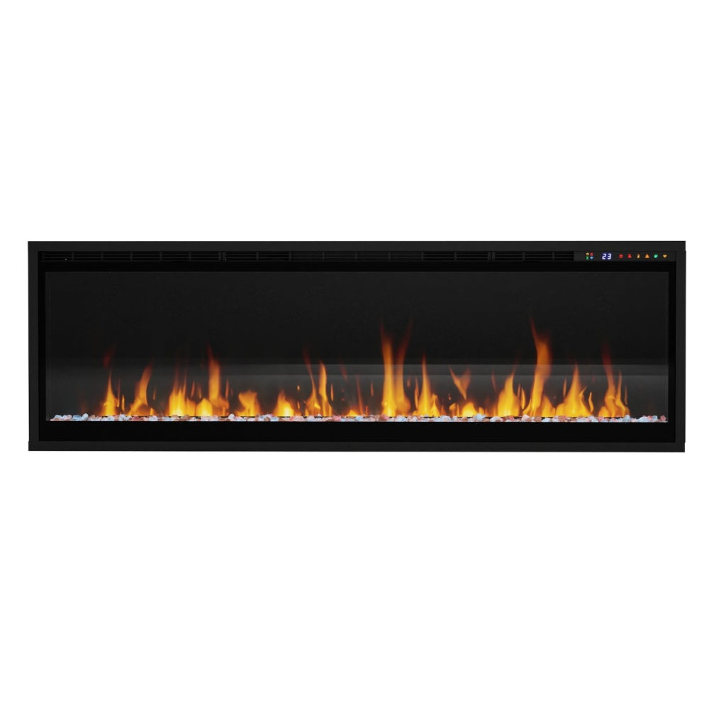 Black linear electric fireplace with flame effect, front view against white