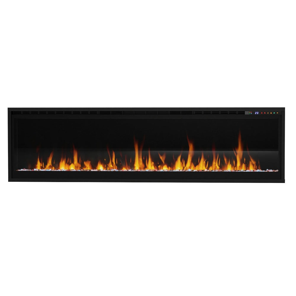 Black linear electric fireplace with flame effect viewed straight on