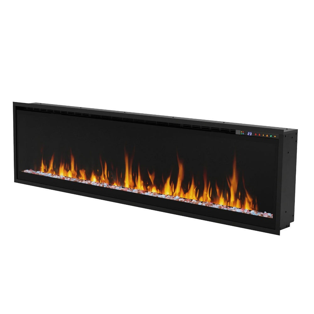 Black linear electric fireplace with flame effect, angled three-quarter view