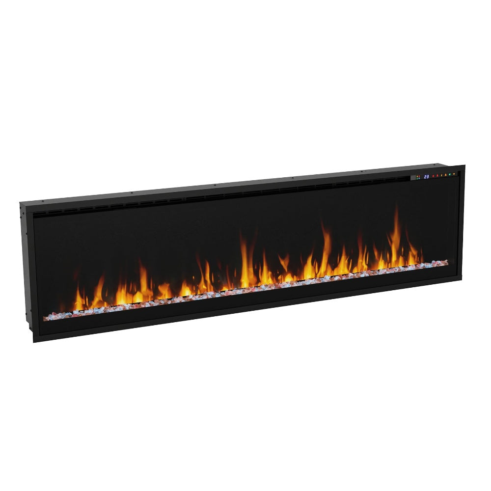 Black linear electric fireplace with flame effect, side view showing slim frame