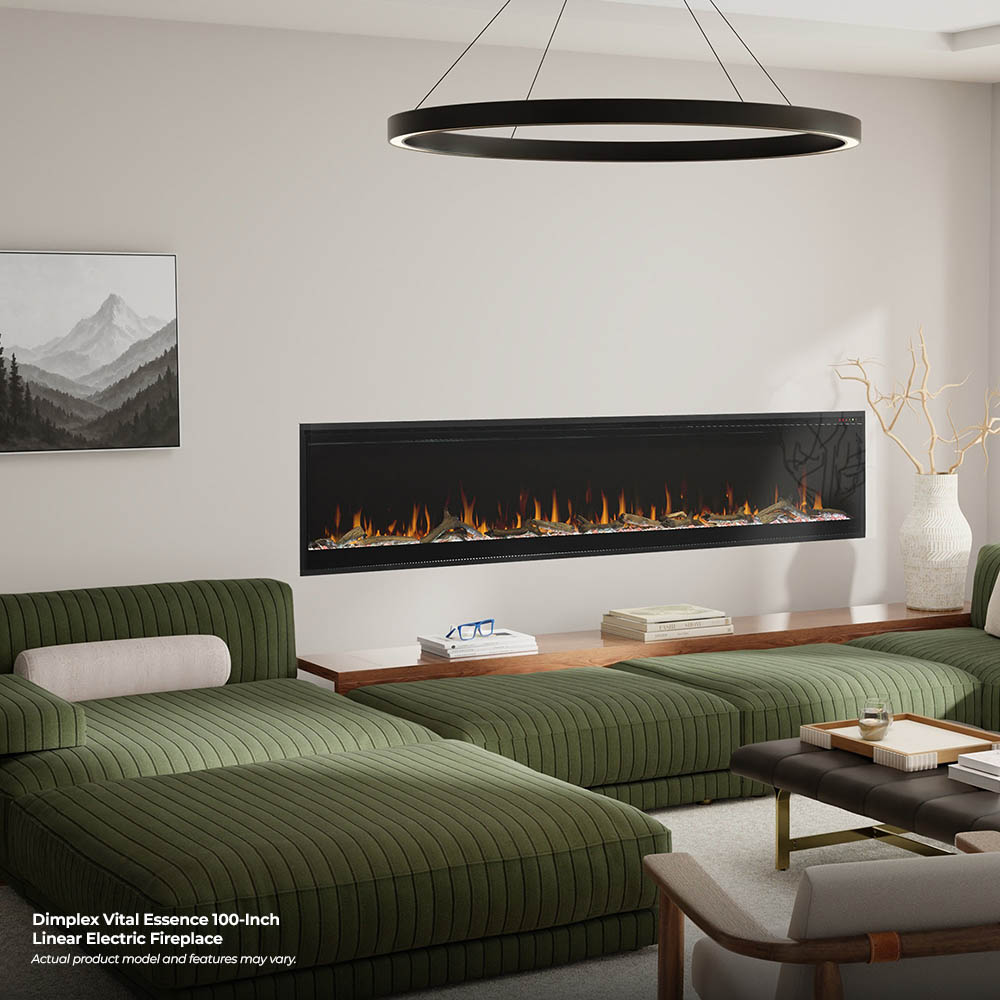 Linear electric fireplace in a living room, showing black frame and flame effect