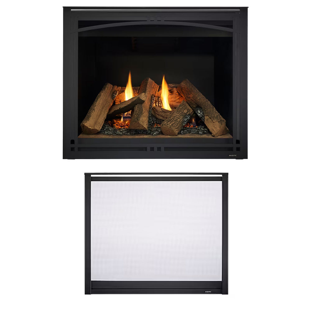 Black 42-inch direct vent gas fireplace with glowing flames and log set behind glass