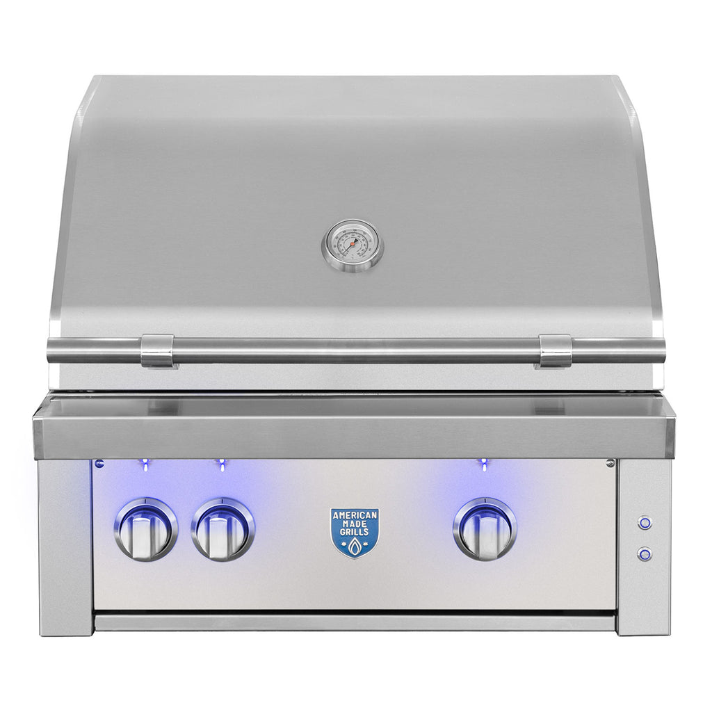 Built-in gas grill with stainless lid, front controls, and round burner knobs