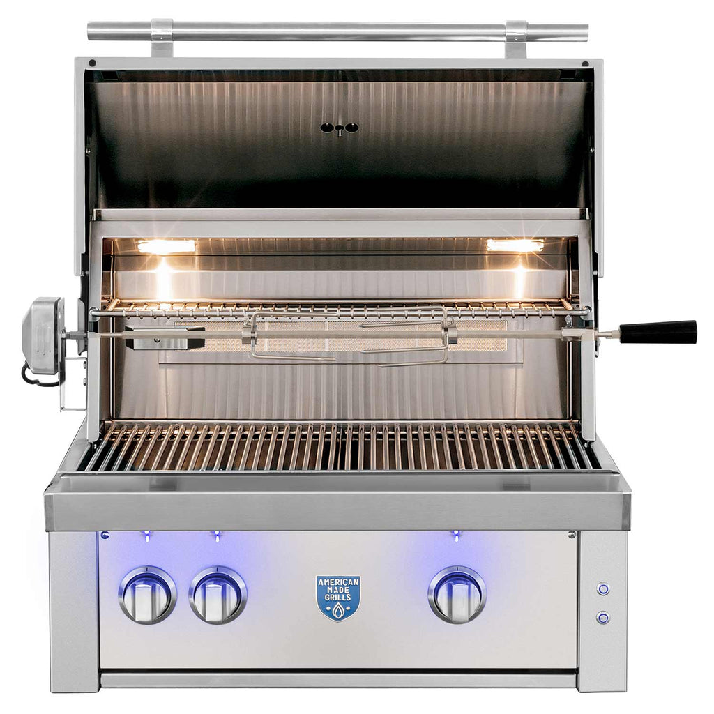 Open stainless built-in gas grill with lit burners and control panel beneath