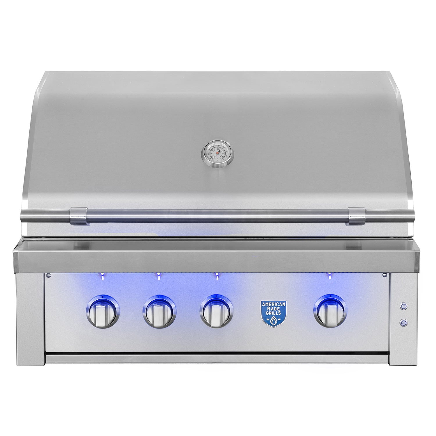 Built-in gas grill with stainless hood, control knobs, and front access panel
