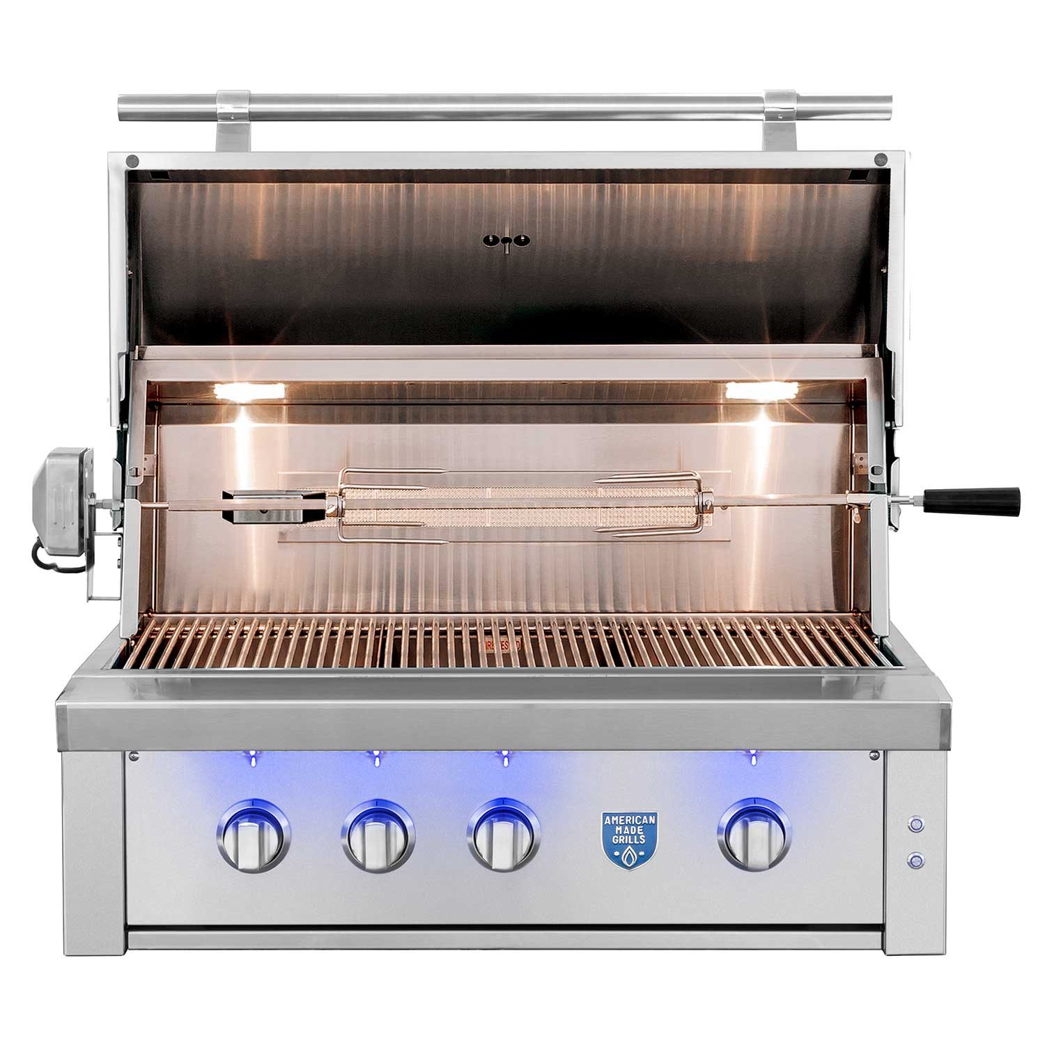 Open stainless built-in gas grill showing cooking grates and interior burner area