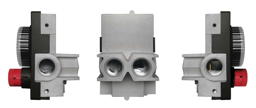 Mechanical timer switch terminals, grey housing with red knob, side view