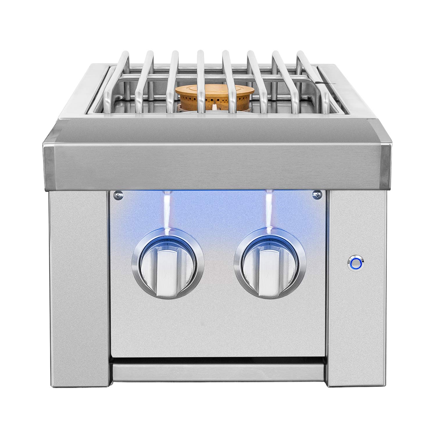 Double side burner grill with two LED-lit control knobs, stainless steel built-in unit