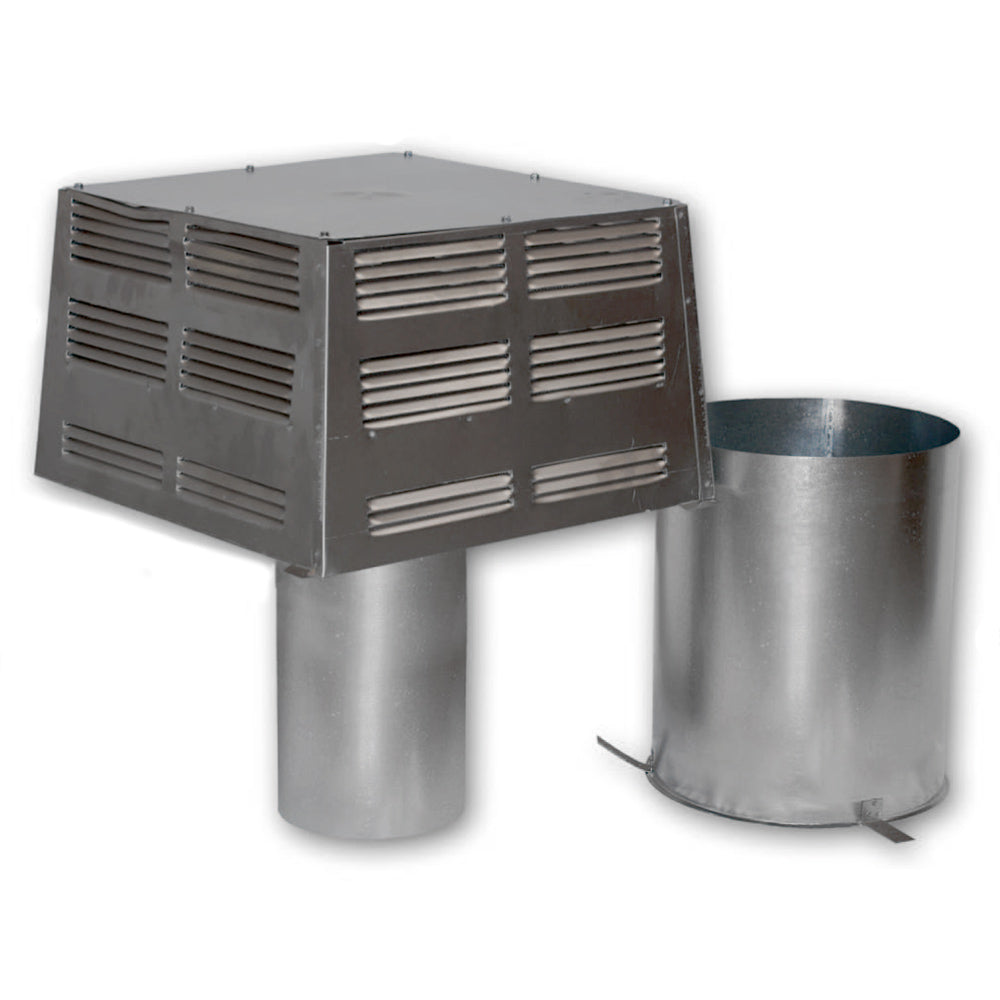 Square metal chimney top termination with louvered vent panels and two round flues