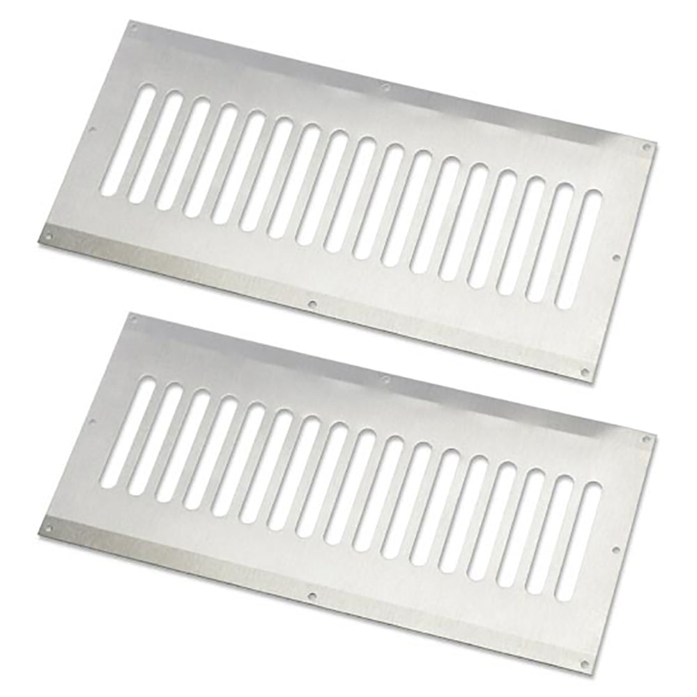 Set of 2 stainless steel vent enclosures, rectangular plates with vertical slots and corner holes.